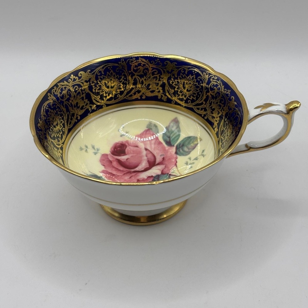 Paragon Bone China Tea Cup Blue Gold Filigree Pink Rose Double Warrant Stamp Vtg